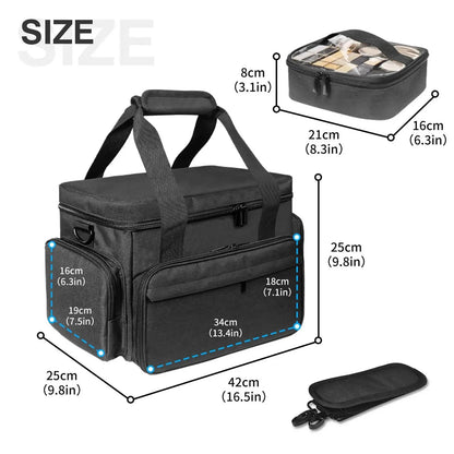 Cosmetic bag with handle being carried to demonstrate portability