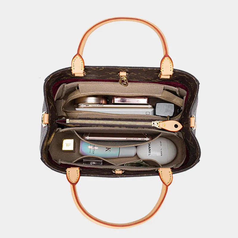 Felt cloth bag organizer in beige color with multiple compartments