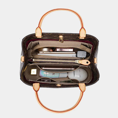Felt cloth bag organizer in beige color with multiple compartments