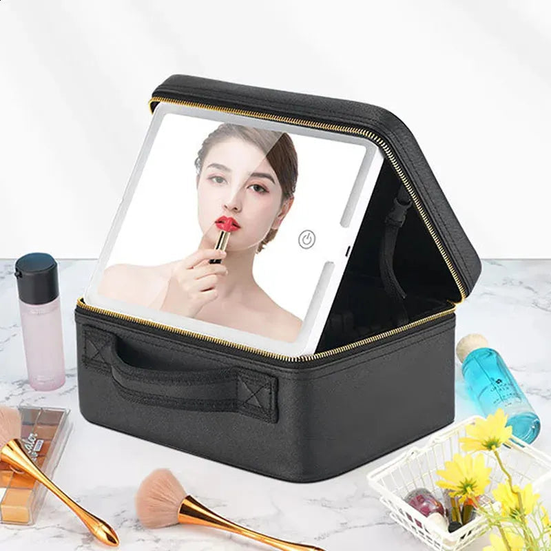Closed travel makeup bag in a neutral color with sleek design
