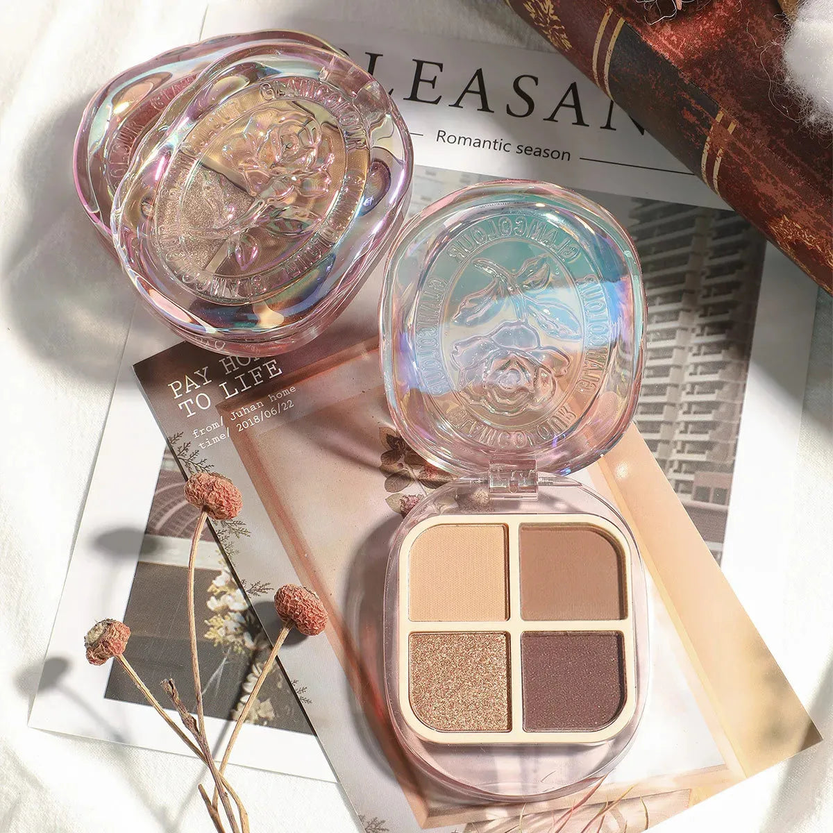 Close-up of metallic eyeshadow texture in palette