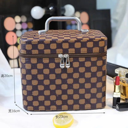 Portable makeup bag with mirror open showing interior compartments