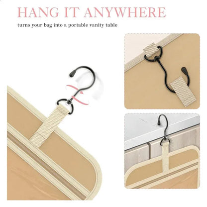 Closed foldable hanging toiletry bag showing compact design
