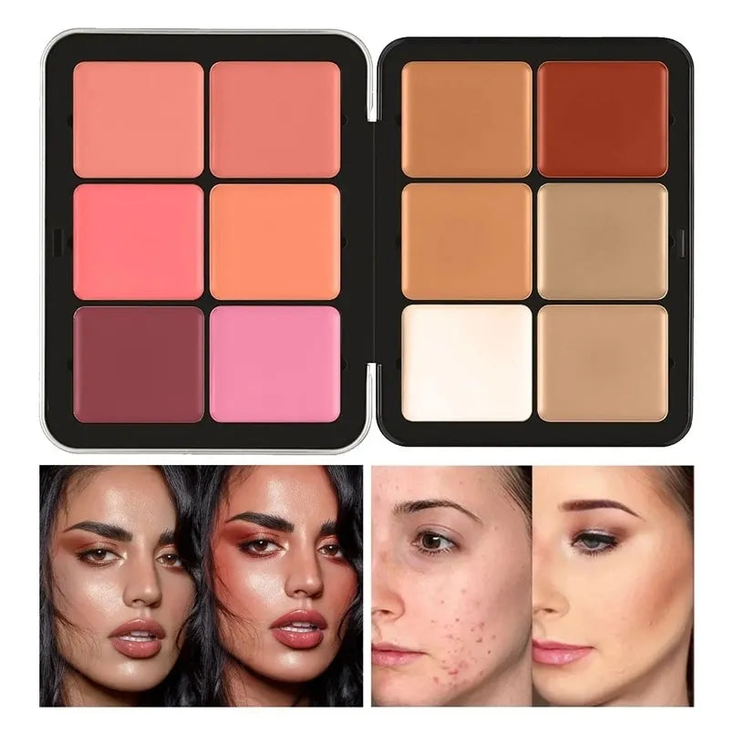 Open makeup palette showing multiple cream shades arranged in rows