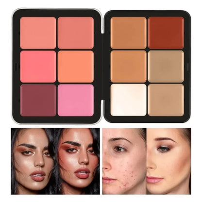 Open makeup palette showing multiple cream shades arranged in rows