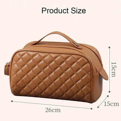 Side profile of the makeup bag highlighting its compact and waterproof design