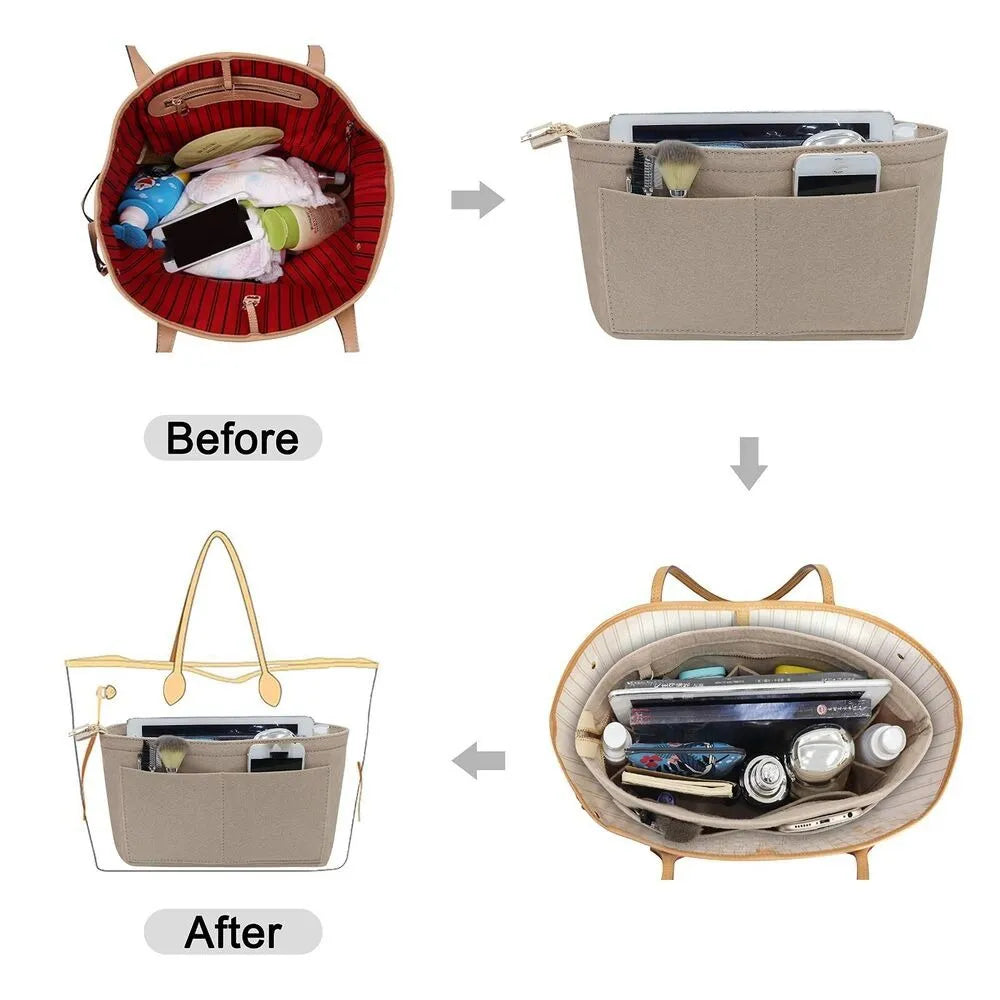 Close-up view of the felt material and interior pockets of the organizer