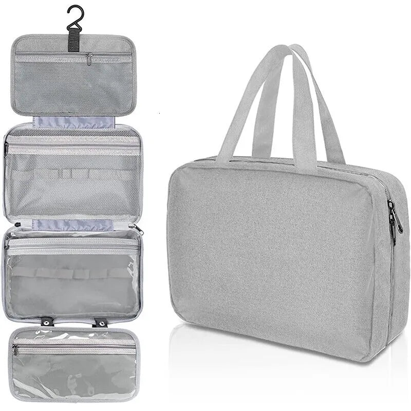 Waterproof hanging toiletry bag shown in folded position