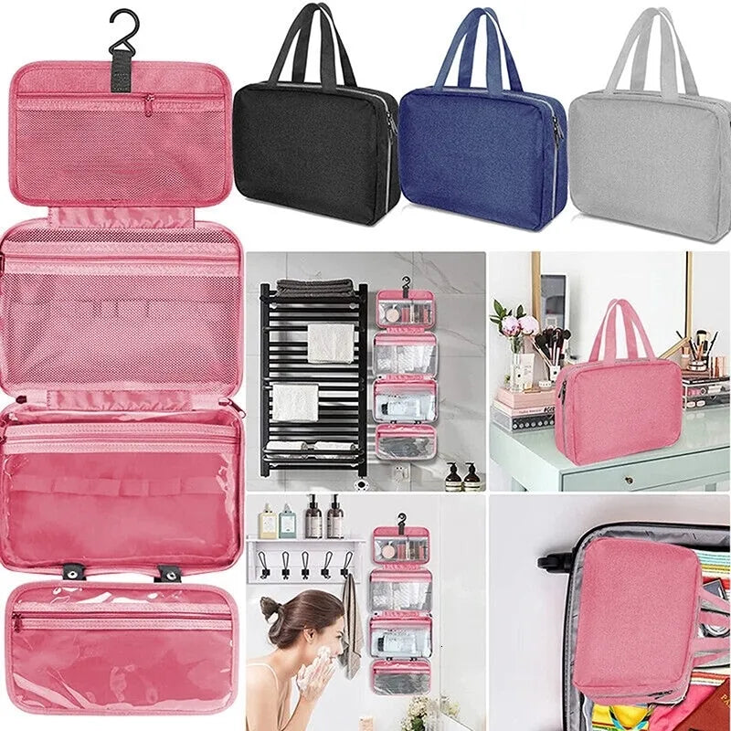 Waterproof hanging toiletry bag shown in folded position