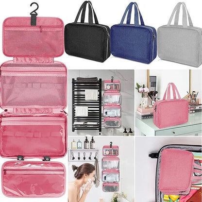 Waterproof hanging toiletry bag shown in folded position