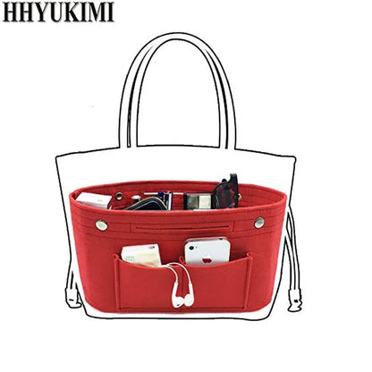 Felt cloth cosmetic organizer with multiple interior pockets open