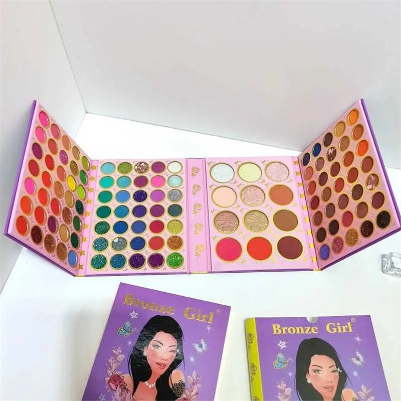 Close-up view of matte and shimmer eyeshadow colors in the palette