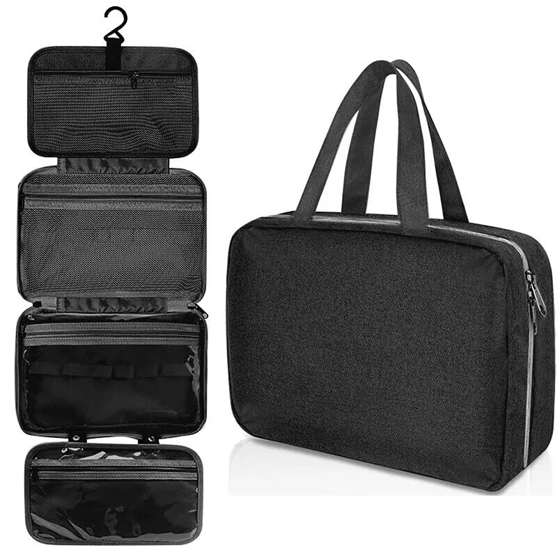 Toiletry bag unfolded showing multiple compartments for organization