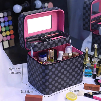 Makeup bag in black color with zipper closure and carrying handle