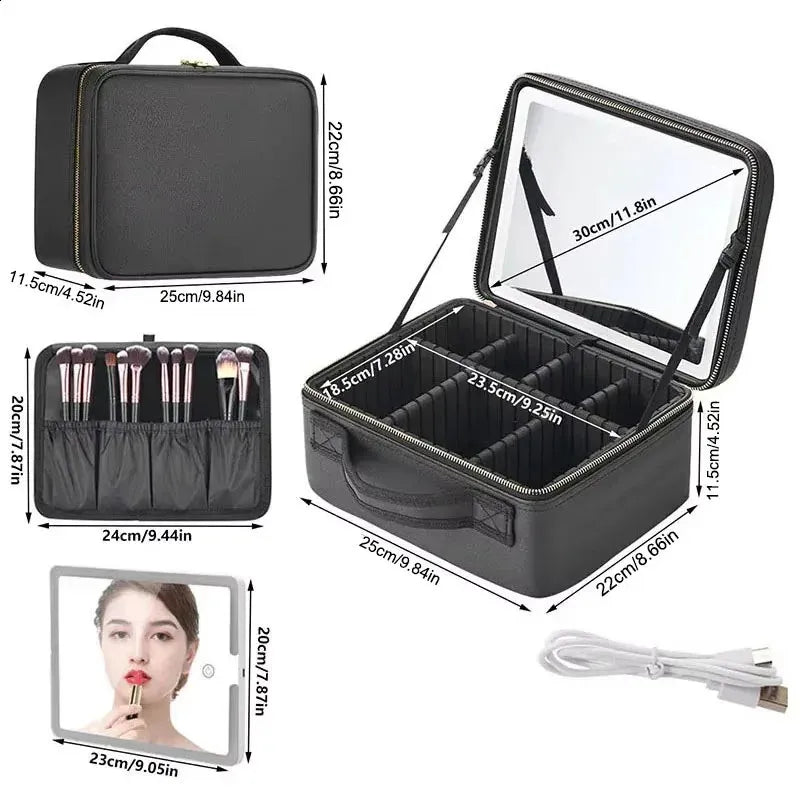Interior view of makeup case with organized storage sections