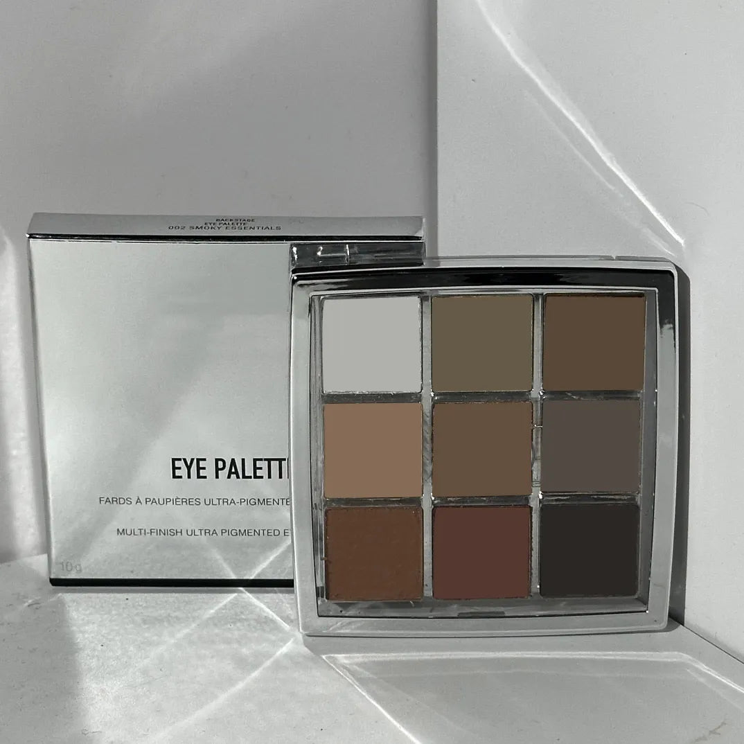 Nine-color eyeshadow palette showing shimmer and matte shades arranged in grid