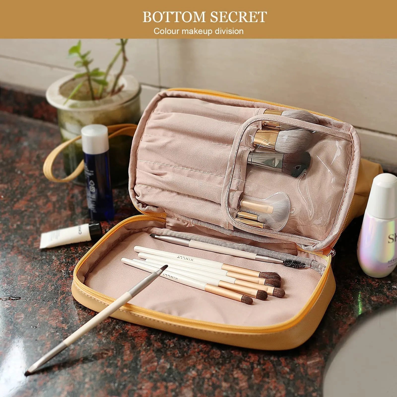 Interior view showing spacious storage compartment of the travel cosmetic bag