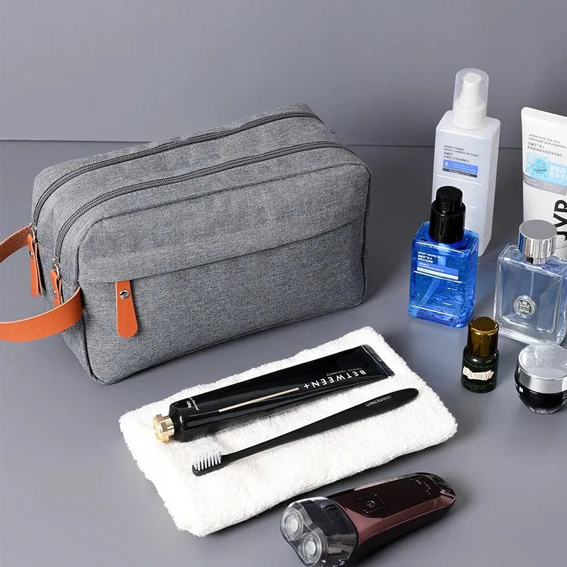 Men's waterproof canvas toiletry bag with leather handle in black color