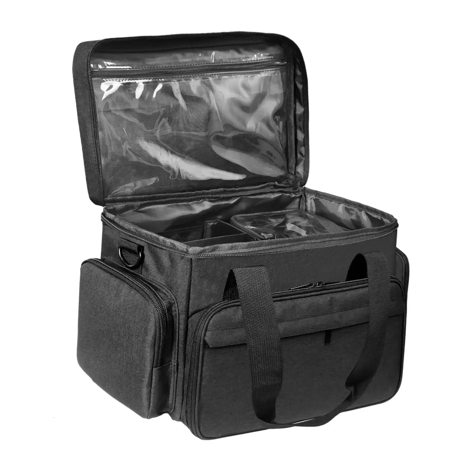 Cosmetic bag with handle being carried to demonstrate portability