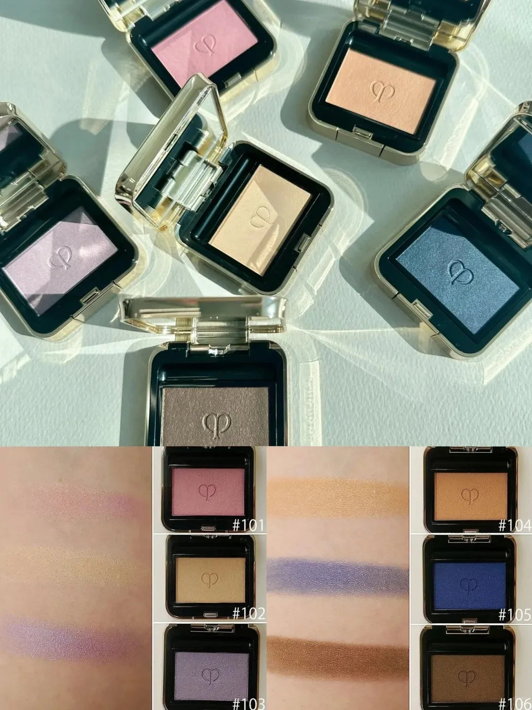 Close-up of eyeshadow palette with pink, blue, and pearl shades