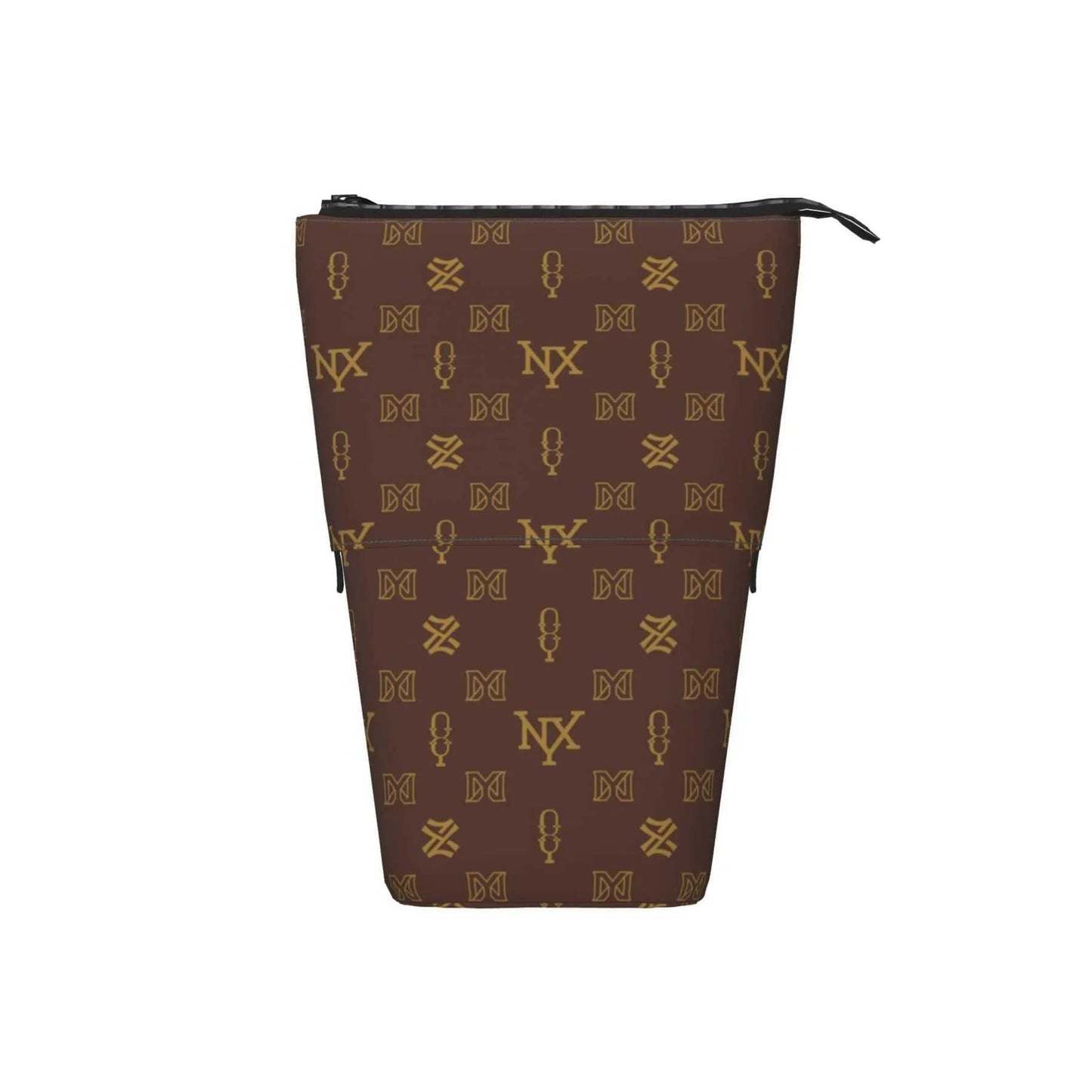 Compact brown cosmetic bag displayed with dimensions