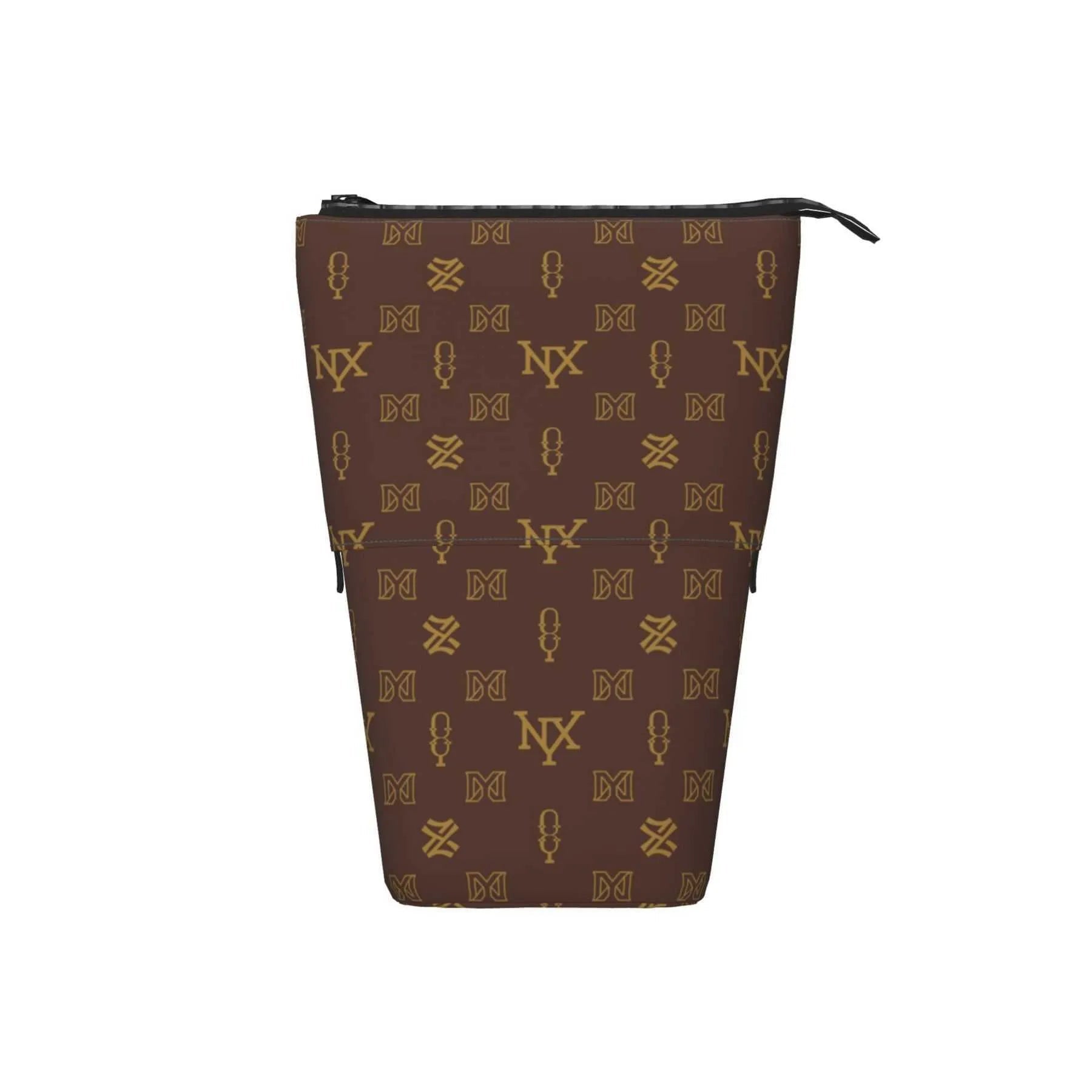Compact brown cosmetic bag displayed with dimensions