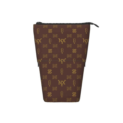 Compact brown cosmetic bag displayed with dimensions