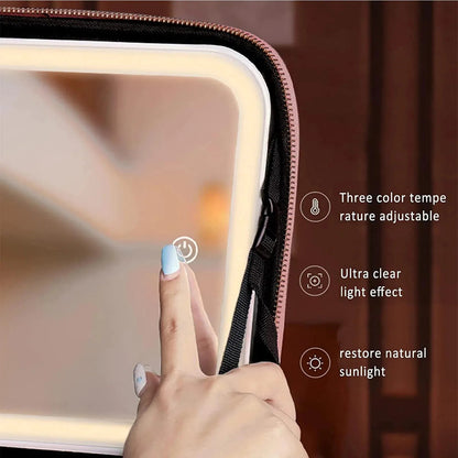 Open makeup organizer displaying interior compartments and LED lighting
