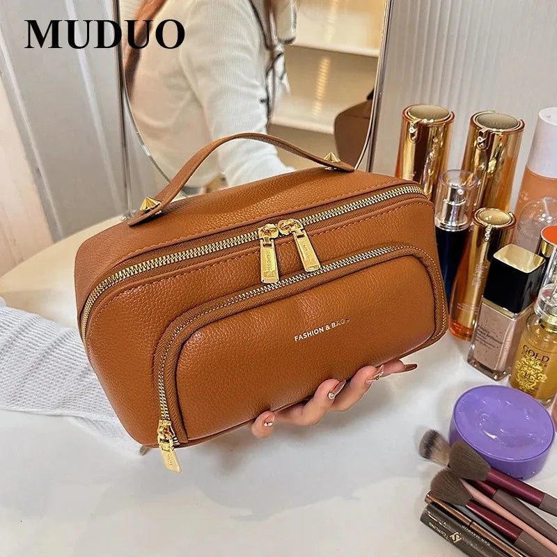 Waterproof travel makeup bag with zippered closure and handle