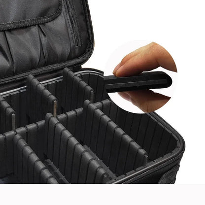 Makeup bag with brushes and cosmetics arranged in interior pockets