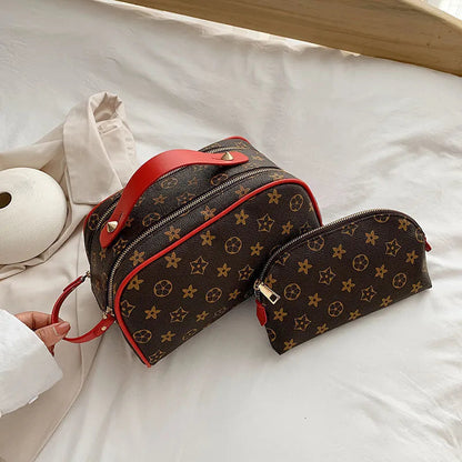 Waterproof cosmetic storage bag with handheld design shown closed