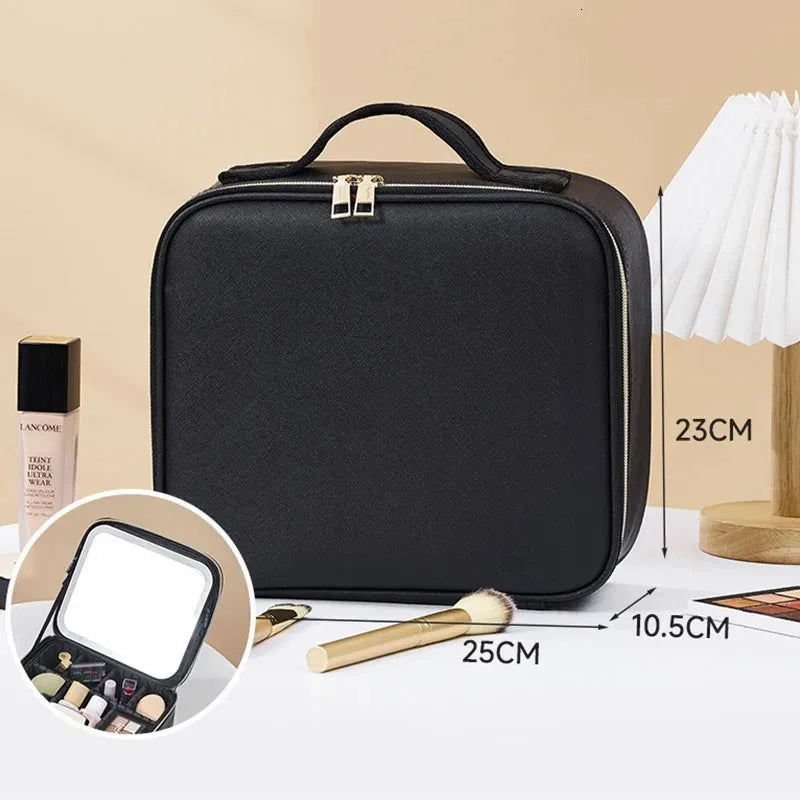 Open makeup case showing interior compartments and mirror