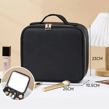 Open makeup case showing interior compartments and mirror