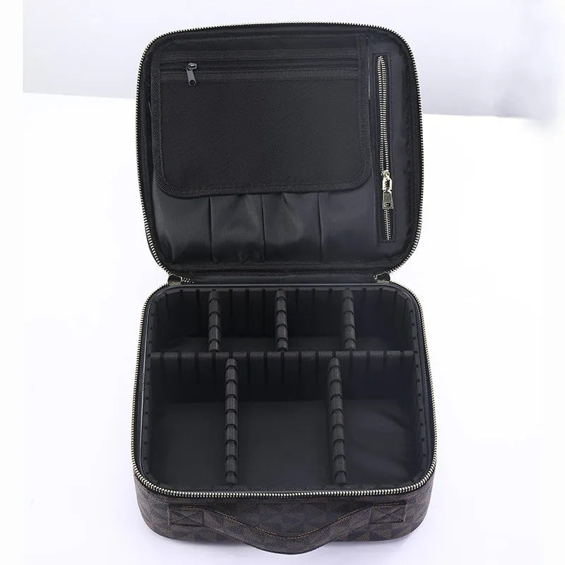 Front view of a handheld makeup bag with multiple compartments