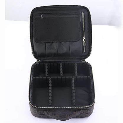 Front view of a handheld makeup bag with multiple compartments