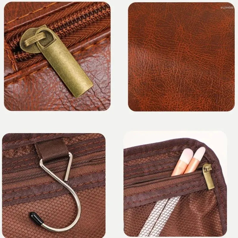 Toiletry bag with handle and hanging hook in brown color variant