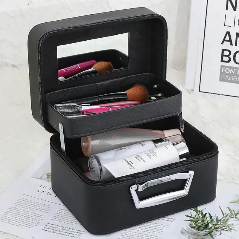 Front view of square makeup bag showing textured PU leather surface