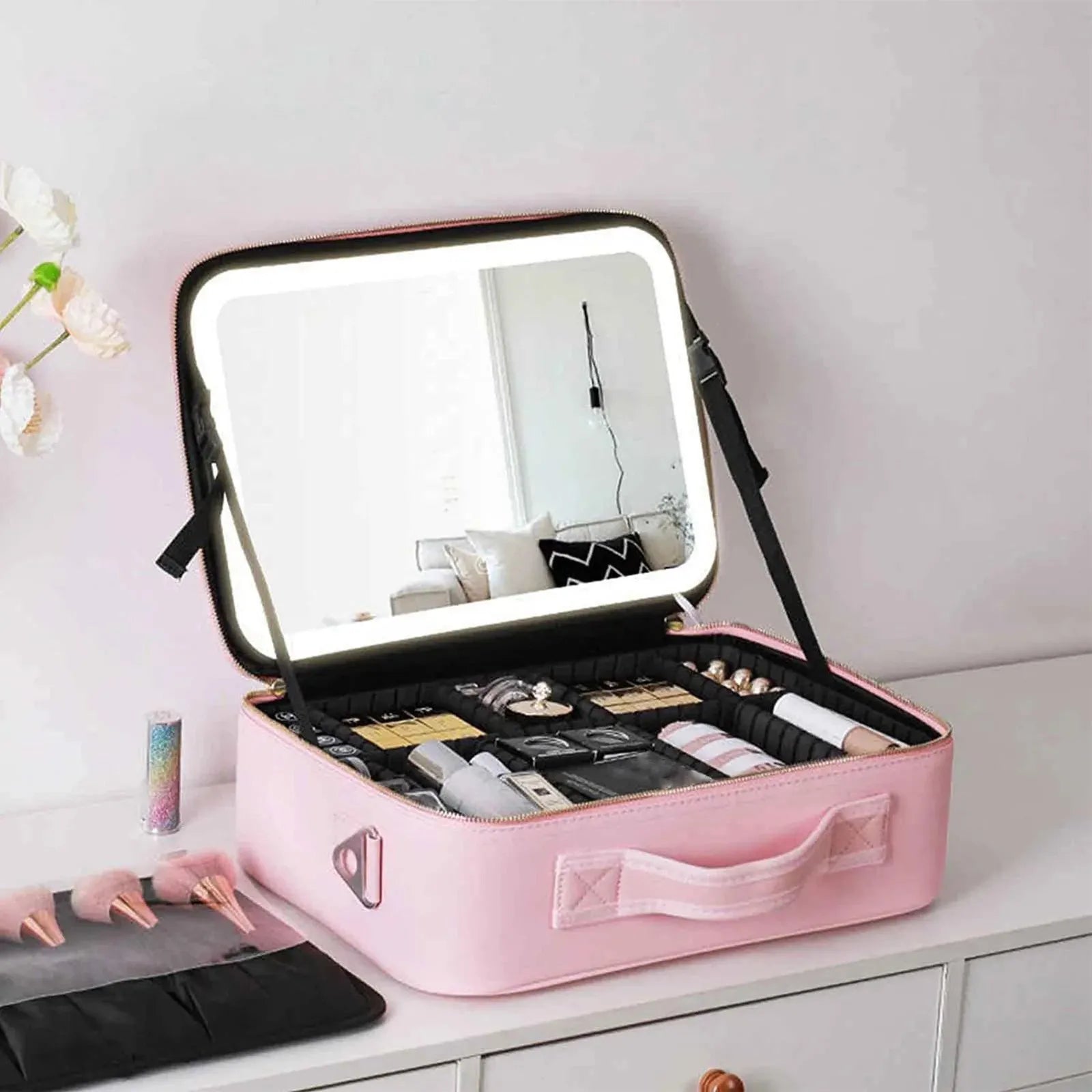 Open makeup organizer displaying interior compartments and LED lighting