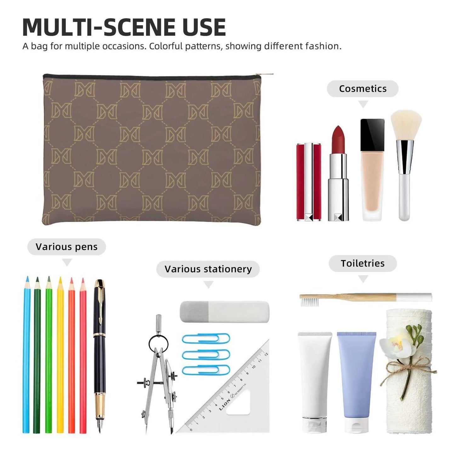 Brown Tyvek paper cosmetic bag with zippered closure
