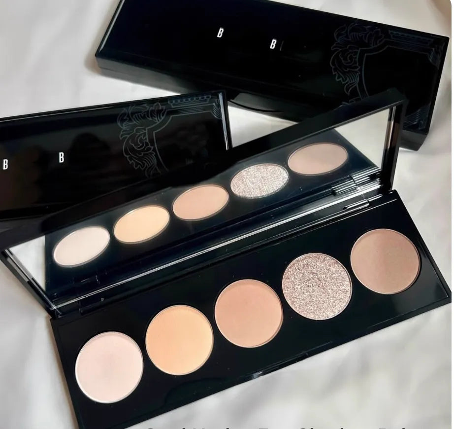 Front view of a 5-color eyeshadow palette showing shimmer and matte shades
