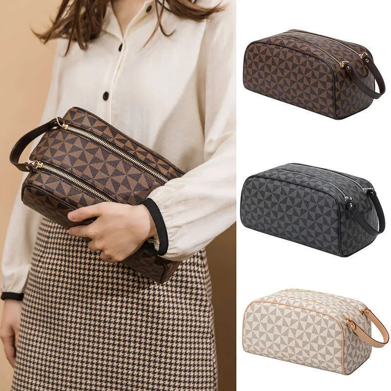 Interior view of cosmetic bag showing large capacity and organized compartments