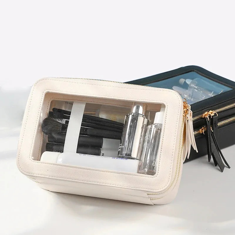 Makeup organizer in use with cosmetic items visible through PVC panels