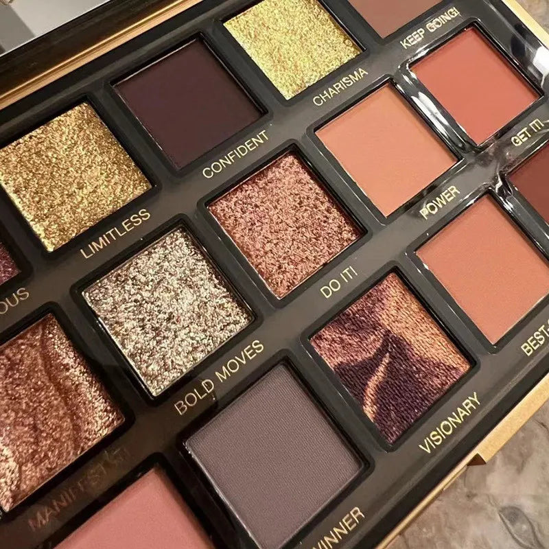 Eyeshadow palette open display with 18 complementary color options