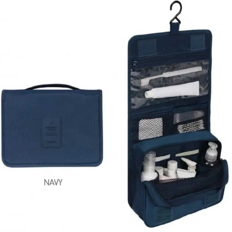 Waterproof hanging cosmetic organizer bag shown in blue color