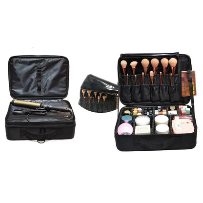 Interior view of makeup case showing organized storage for cosmetics