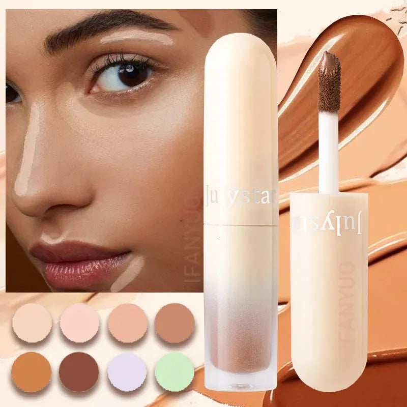 Liquid concealer bottle with applicator on a neutral background