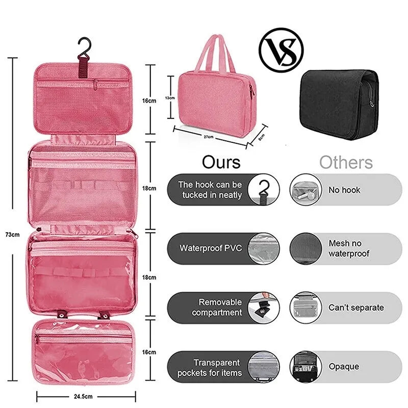 Toiletry bag unfolded showing multiple compartments for organization