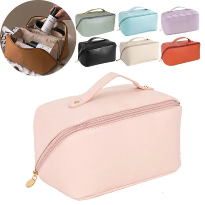 Retro-style travel cosmetic bag shown in beige color with textured exterior
