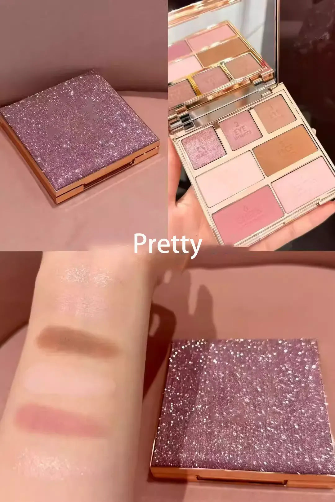 Front view of 7-color eyeshadow blush highlighter palette showing matte finish shades