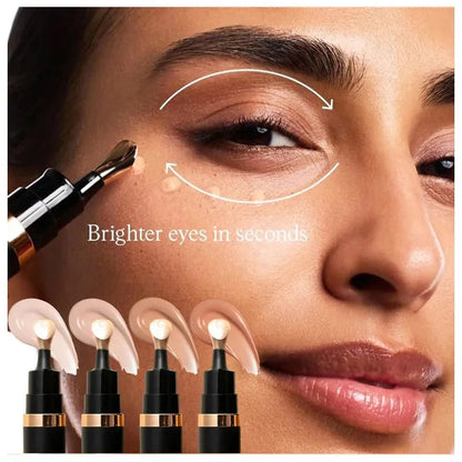 Hand holding concealer stick demonstrating application to under-eye area